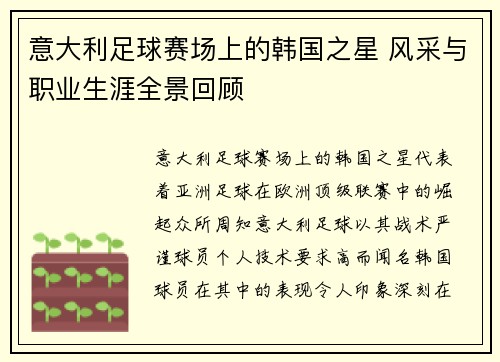 意大利足球赛场上的韩国之星 风采与职业生涯全景回顾