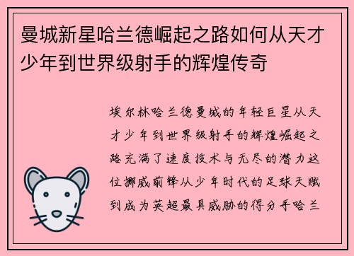 曼城新星哈兰德崛起之路如何从天才少年到世界级射手的辉煌传奇