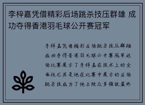 李梓嘉凭借精彩后场跳杀技压群雄 成功夺得香港羽毛球公开赛冠军
