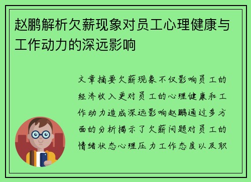 赵鹏解析欠薪现象对员工心理健康与工作动力的深远影响